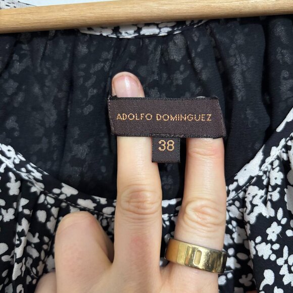 Adolfo Dominguez 100% Silk Petite Fleur Flower Print Black White Dress US 8 - Picture 3 of 4